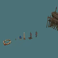 Cartoon Scene With Wooden Structure Small Decorations Flags And Stone Objects
