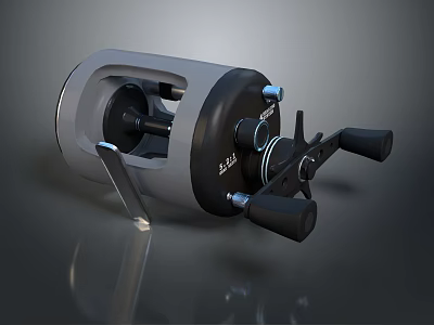 Modern Fishing Reel With Metallic Gray Body And Black Handle Design 3d model