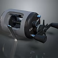 Modern Fishing Reel With Metallic Gray Body And Black Handle Design