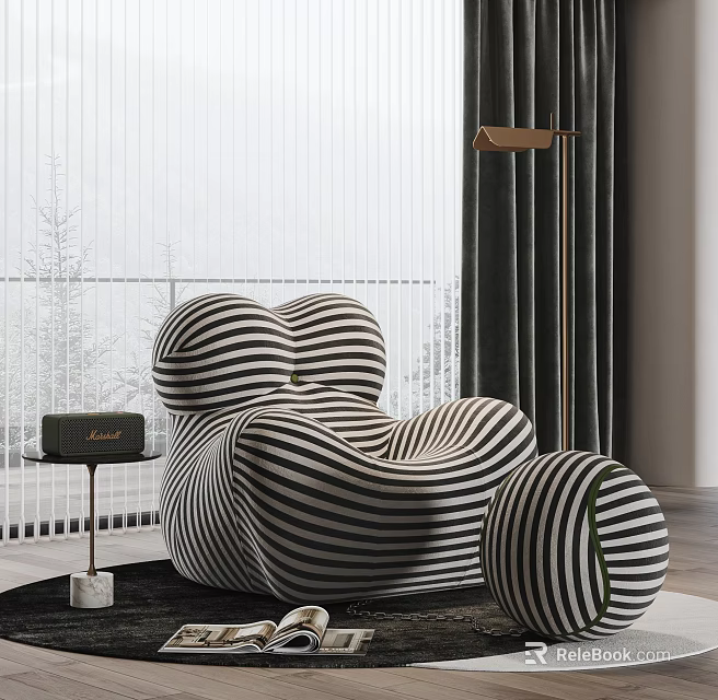 Modern Black and White Striped Single Sofa with Unique Shape and Matching Ottoman 3d model