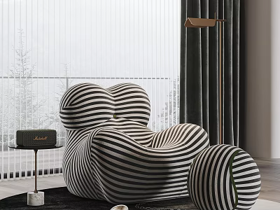 Modern Black and White Striped Single Sofa with Unique Shape and Matching Ottoman 3d model