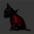 Adorable Black Cat In Red Cape With Heart Shaped Accessory Standing On Gray Background