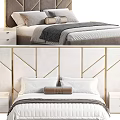 Modern Double Bed With Velvet Headboard Gold Accents White Bedding And Nightstand