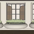 Green Plant Combination In Wall Mounted White Planters With Black Framed Lattice Windows