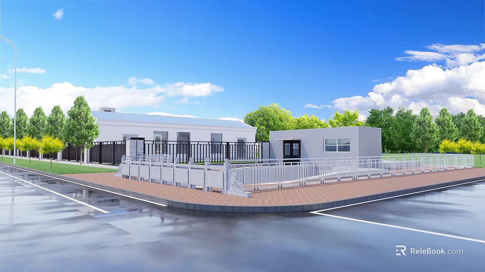 Road Facilities With White Guardrails Paved Sidewalk And Parking Area Surrounded By Green Trees 3d model 