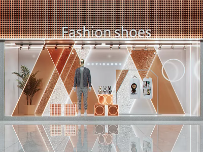 Fashion Shoes Window Display With Mannequin Decorative Geometric Shapes Shelves Posters And Potted Plant 3d model