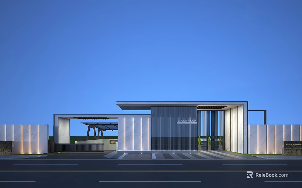 Modern Entrance Gate Design With Glass Panels Metal Structure And Illuminated Lighting 3d model 