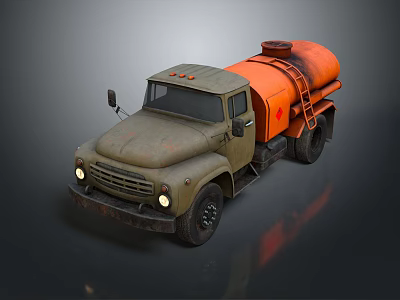 Old Style Tank Truck With Green Orange Body Vintage Design Headlights And Ladder 3d model