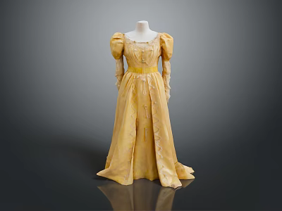 Man Wearing Yellow Long Dress With Puffed Sleeves And Cinched Waist On Black Background 3d model