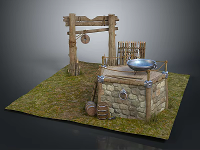 Rustic Stone Well Scene With Wooden Frame Metal Basin And Wooden Fence 3d model