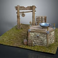 Rustic Stone Well Scene With Wooden Frame Metal Basin And Wooden Fence