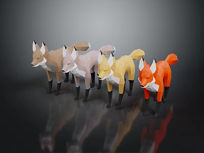 Polygonal Fox Models In Various Colors Standing On Reflective Background 3d model