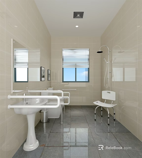 Accessible Public Toilet Interior With White Tiled Walls Grab Bars Sink Window and Chair 3d model 