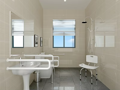 Accessible Public Toilet Interior With White Tiled Walls Grab Bars Sink Window and Chair 3d model