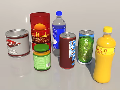 Colorful Assorted Beverages with Cans Bottles Including Coffee Soda Milk Shake and Green Power 3d model