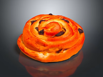 Golden Orange Sweet Spiral Roll With Raisins Shiny Surface On Dark Background 3d model