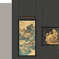 Chinese Landscape Paintings Hanging On Dark Wall With Branch Decoration And Blue Green Tones