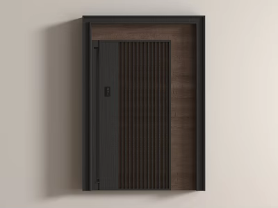 Modern Wooden Interior Door With Vertical Slats And Dark Frame Design 3d model