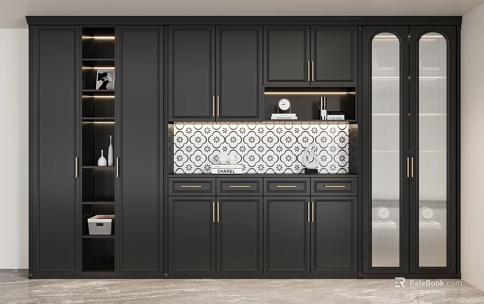 Modern Black Wine Cabinet With Glass Doors Built-in Lighting And Storage Space 3d model 