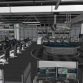 Control Room Interior With Multiple Monitoring Screens Control Desks And Work Chairs