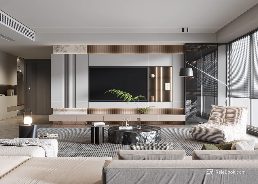 Modern Living Room Interior Design With TV Wall Sofa Coffee Table And Plant 3d model 