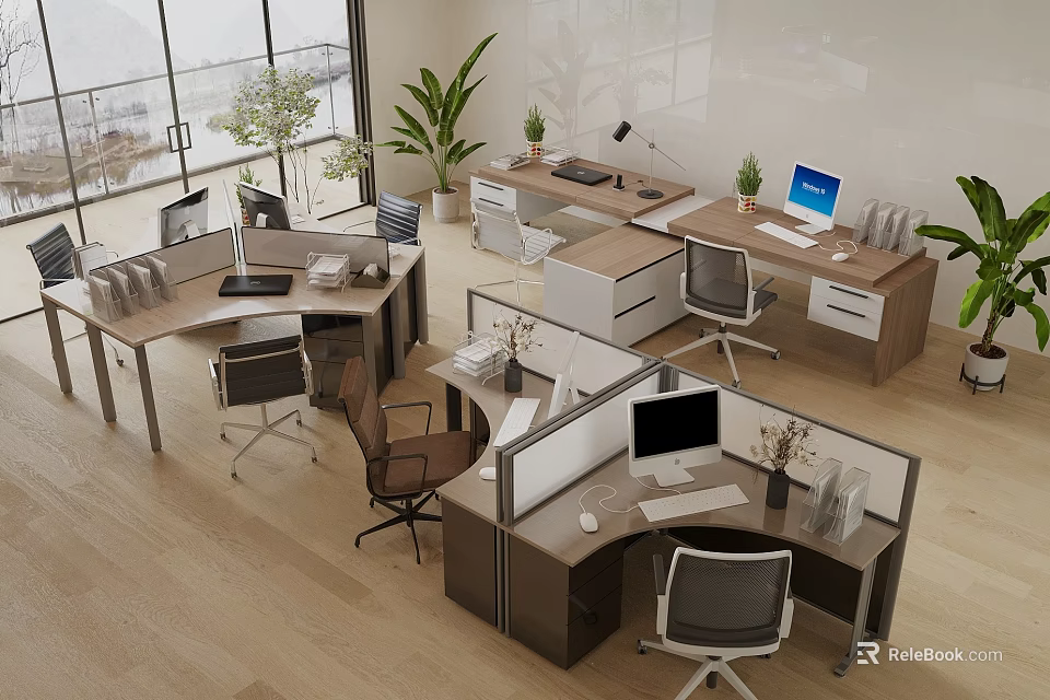 Modern Office Desks In Open Layout With Ergonomic Chairs Monitors And Potted Plants 3d model 