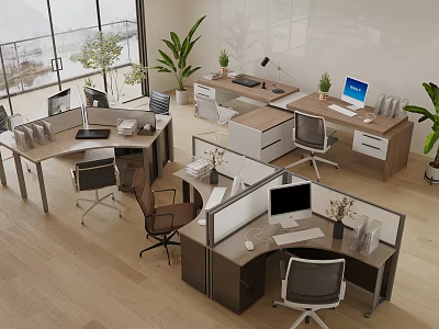 Modern Office Desks In Open Layout With Ergonomic Chairs Monitors And Potted Plants 3d model
