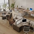 Modern Office Desks In Open Layout With Ergonomic Chairs Monitors And Potted Plants