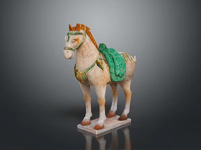 Traditional Ceramic Horse Statue With Green Saddle Orange Mane And Square Base 3d model