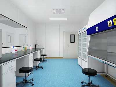 Modern Laboratory Interior With Blue Flooring White Cabinets Lab Benches And Fume Hood 3d model