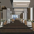 Modern Restaurant Interior With Dining Tables Chairs Chandeliers And City View Through Large Windows
