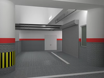 Modern Parking Garage Interior With Gray Floor Red White Walls And Warning Stripes 3d model