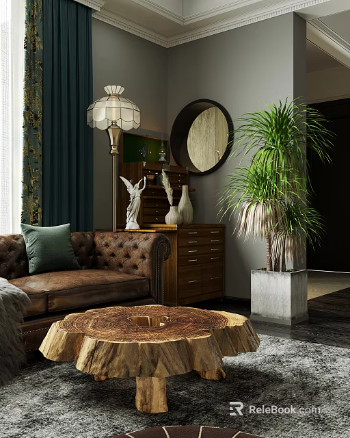 Cozy Living Dining Room Interior With Brown Leather Sofa Green Cushion Tree Stump Coffee Table 3d model 