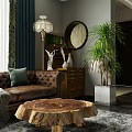 Cozy Living Dining Room Interior With Brown Leather Sofa Green Cushion Tree Stump Coffee Table