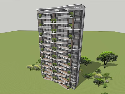 High Rise Residential Building With Green Plant Filled Balconies And Surrounding Trees 3d model