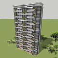 High Rise Residential Building With Green Plant Filled Balconies And Surrounding Trees