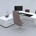 Modern White Office Desk With Apple Monitor Black Mouse Pad Brown Chairs And Marble Cabinet
