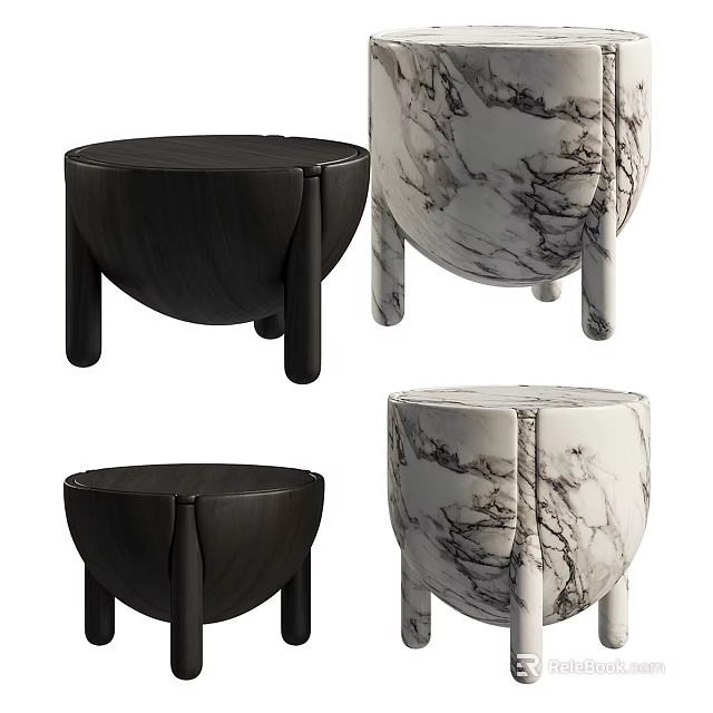 Sculptural Carved Stools With Dark Wooden And White Marble Artistic Design 3d model 