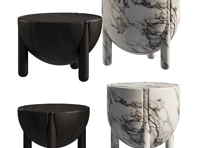 Sculptural Carved Stools With Dark Wooden And White Marble Artistic Design 3d model