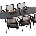 Modern Dining Table Set Featuring Long Black Marble Tabletop And Six Woven Back Chairs 3d model