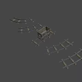 Wooden Rail Tracks With Curved Sections And Mine Cart On Gray Background