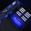 Hi Tech Modern Exhibition Stage Design With Blue Lighting And Digital Displays