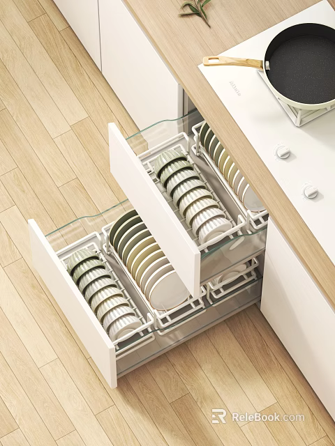 Efficient Kitchen Drawer Storage With Plates Bowls White Cabinets And Wooden Floor 3d model 