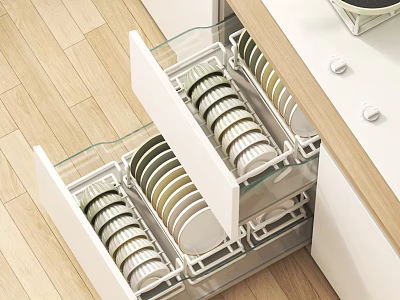 Efficient Kitchen Drawer Storage With Plates Bowls White Cabinets And Wooden Floor 3d model