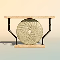 Modern Console Table With Light Colored Tabletop Black Metal Frame And Circular Stone Decoration