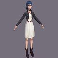 Blue haired woman in black jacket white dress purple belt black boots gray background