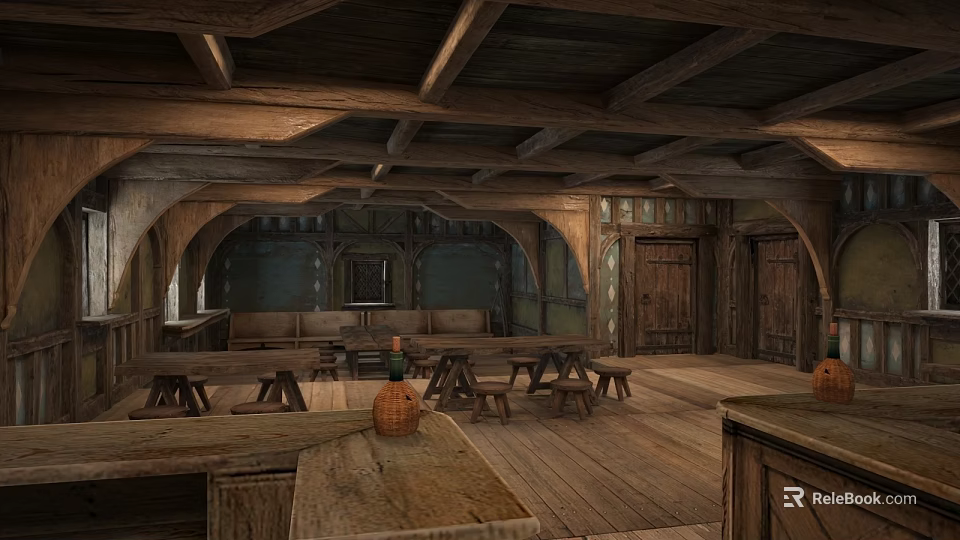 Ancient Building Interior Featuring Wooden Ceiling Beams Floor Tables Benches And Doors 3d model 
