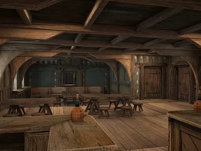 Ancient Building Interior Featuring Wooden Ceiling Beams Floor Tables Benches And Doors 3d model