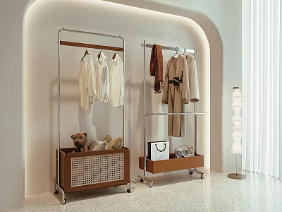 Clothing Display Racks with Hanging Clothes Wooden Drawers Stuffed Toy and Shopping Bag on Wheels 3d model