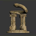 Stone Snake Sculpture Coiled Around Two Columns On Round Textured Base 3d model